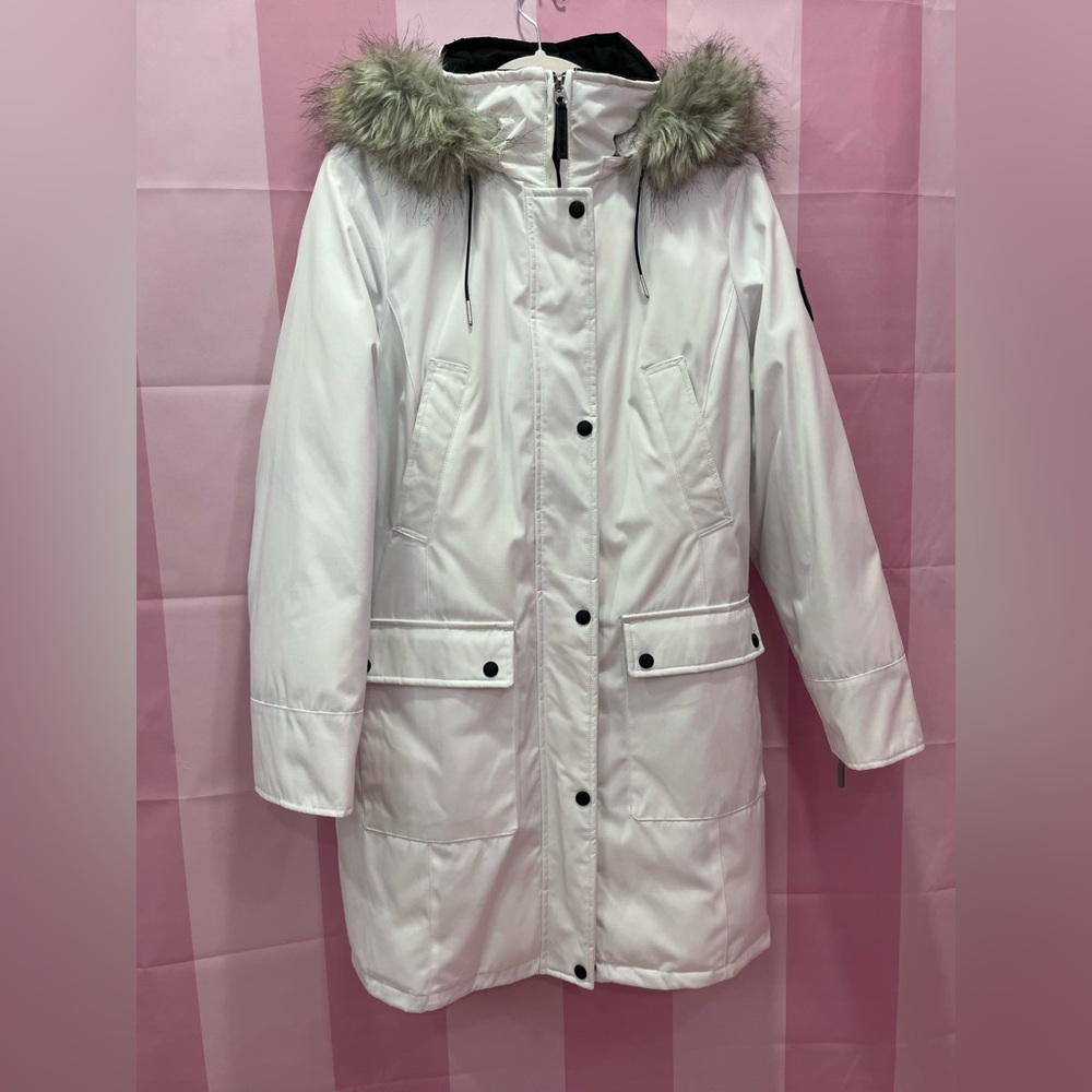 Calvin Klein Performance White Puffer Parka Jacket with Removable Faux Fur Hood